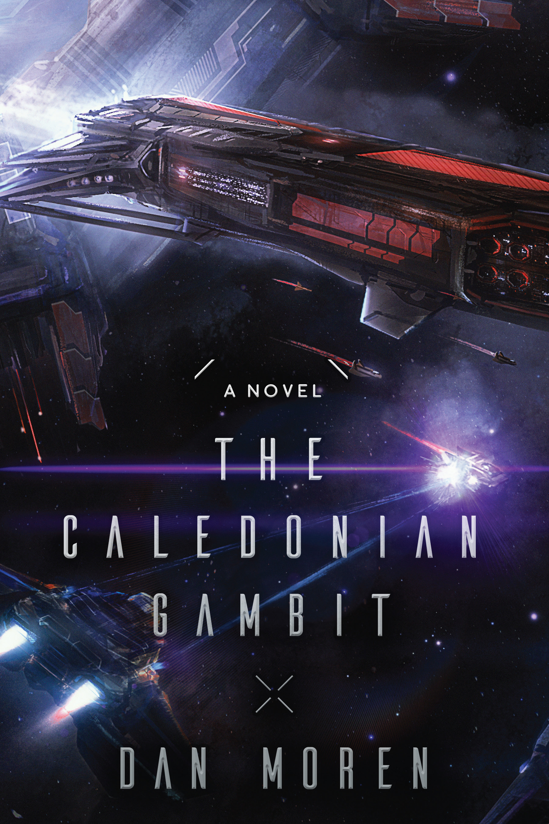 Book cover for The Calendonian Gambit by Dan Moren - a space battle with multiple ships of varying sizes