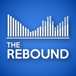 The Rebound Podcast Cover - a white bar chart going up and down above text 'The Rebound' on a royal blue background
